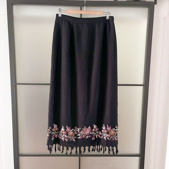VTG 90s Wool Straight Skirt Size 10 Black Long Column Crewel Embroidery Harold's - Picture 1 of 8